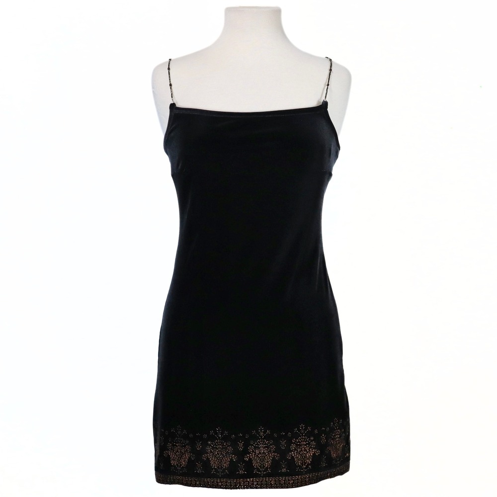 VTG 90s Y2K  Mini Dress Small Ecru Studio Black Velvet Beaded Strap Whimsigoth